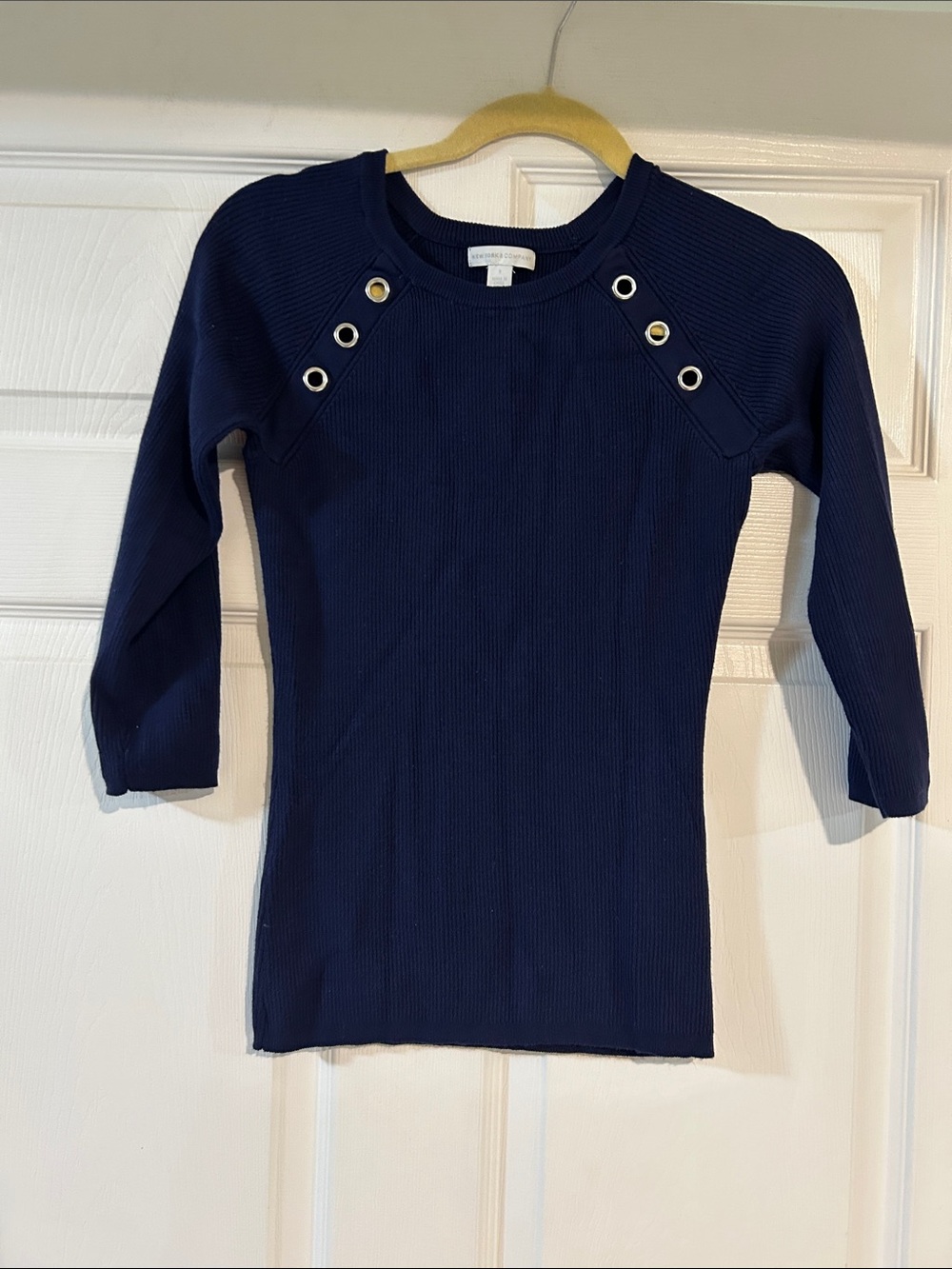 New York & Company Navy Long Sleeve Ribbed Top with Grommet Detail